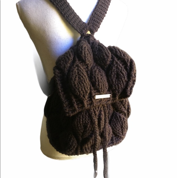 Leaf Knit Backpack Structured Bottom leaf stitch pattern boho - Picture 4 of 13